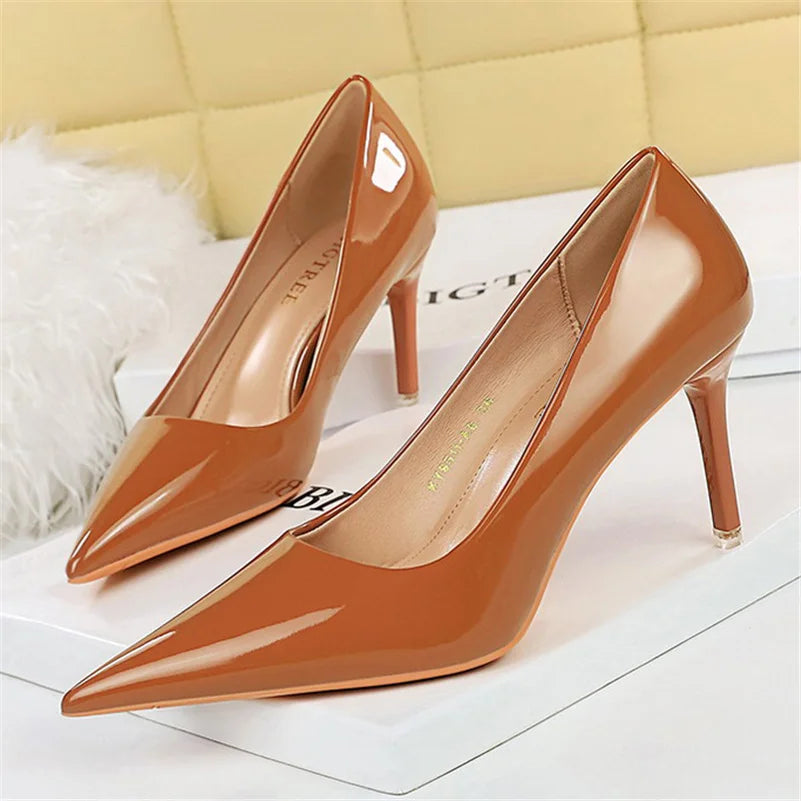 2023 Women 10.5cm High Heels Variety of Colors-Camel-Nude-Brown-Silver-Red-Champagne-Gold-/Luxury Glossy Stilettos