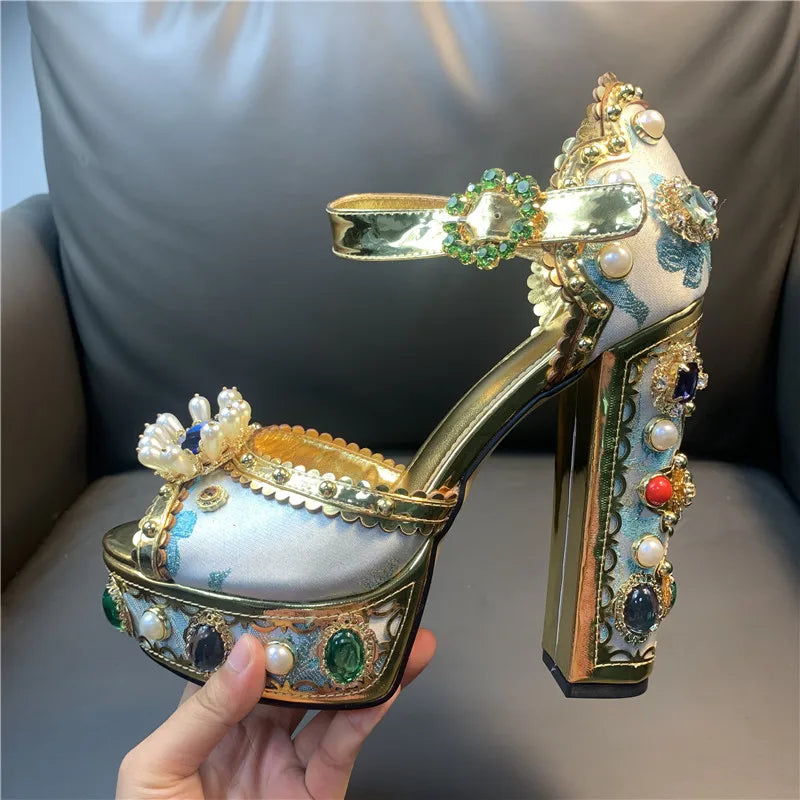 Women Chunky High Heels Platform Sandals Rhinestone Metallic Gold Leather Peep Toe