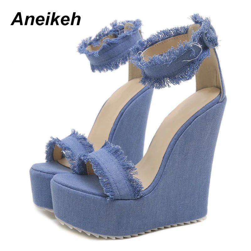 Aneikeh 2025 Blue Designer Denim Sandals Summer Woman Wedges High Heels Peep Toe Platform Roman DRESS Pumps Shoes 35-40