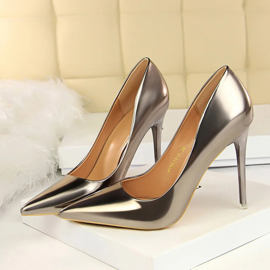 2023 Women 10.5cm High Heels Variety of Colors-Camel-Nude-Brown-Silver-Red-Champagne-Gold-/Luxury Glossy Stilettos