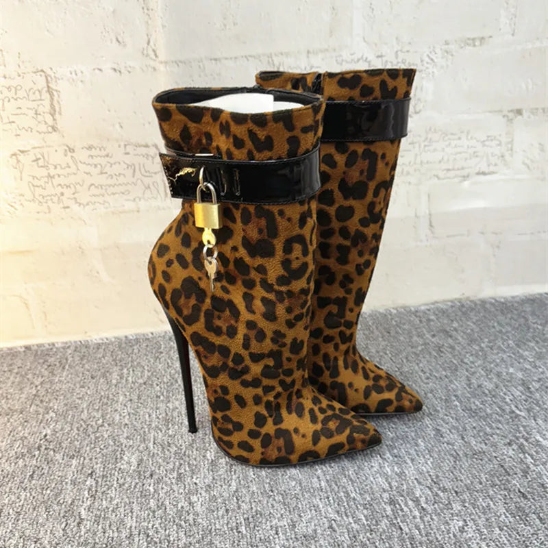 High Heels Women Ankle Boots, Lock Strap, Pointed Toe, Black/ Black Leopard, Customized Colors