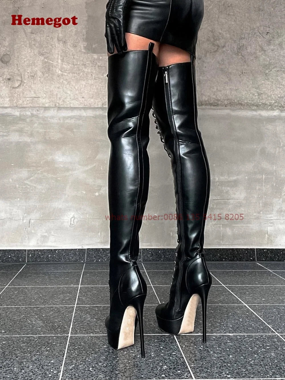 Thigh High Round Toe  Glossy & Matte High Heels Cross Tied Platform Lace Up Women's Long Boots