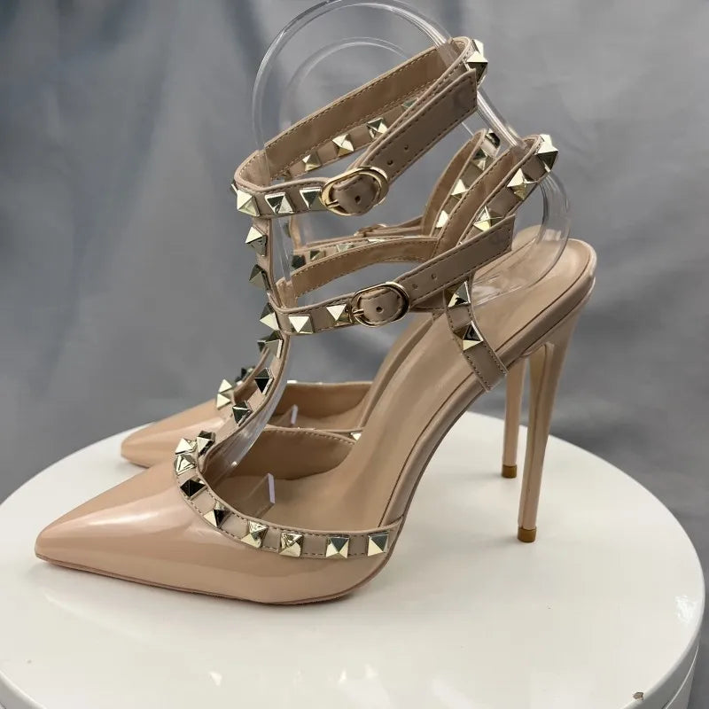 Beige Square Rivets T-Strapy Women Sandals High Heels  Pointed Toe Pumps Ankle Buckle