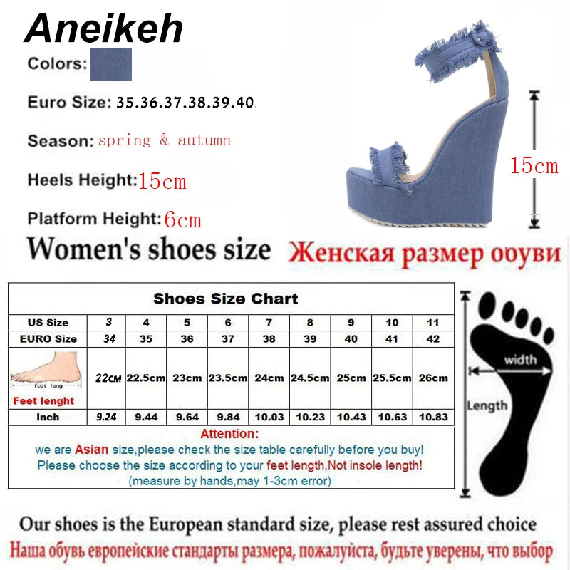 Aneikeh 2025 Sandalias vaqueras de diseño azul para mujer, cuñas de verano, tacones altos, plataforma con punta abierta, zapatos de tacón romanos, tallas 35 a 40