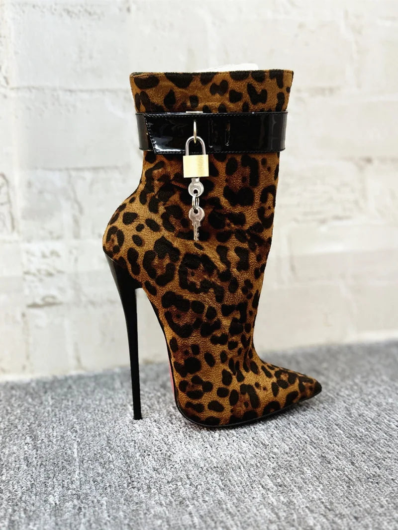 High Heels Women Ankle Boots, Lock Strap, Pointed Toe, Black/ Black Leopard, Customized Colors