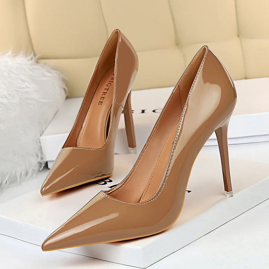 2023 Women 10.5cm High Heels Variety of Colors-Camel-Nude-Brown-Silver-Red-Champagne-Gold-/Luxury Glossy Stilettos