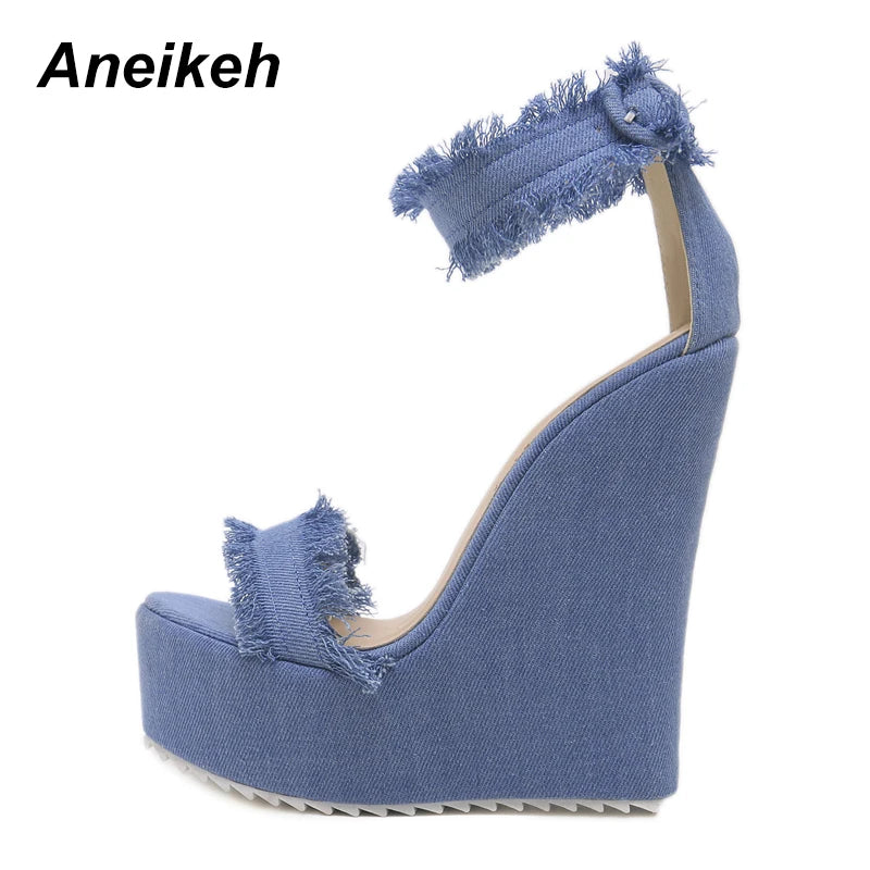 Aneikeh 2025 Blue Designer Denim Sandals Summer Woman Wedges High Heels Peep Toe Platform Roman DRESS Pumps Shoes 35-40