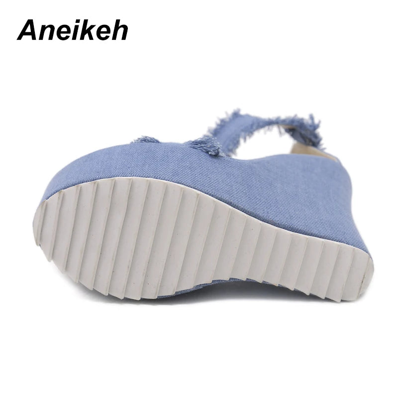 Aneikeh 2025 Sandalias vaqueras de diseño azul para mujer, cuñas de verano, tacones altos, plataforma con punta abierta, zapatos de tacón romanos, tallas 35 a 40