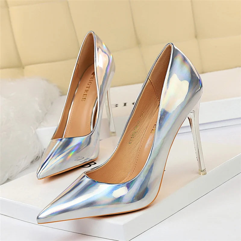 Tacones altos de 10,5 cm para mujer 2023 en variedad de colores: camello, nude, marrón, plata, rojo, champán, dorado y tacones de aguja de lujo con brillo