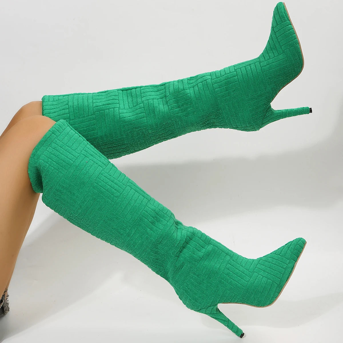 Women High Heeled Knee High Long Green Felt Boots