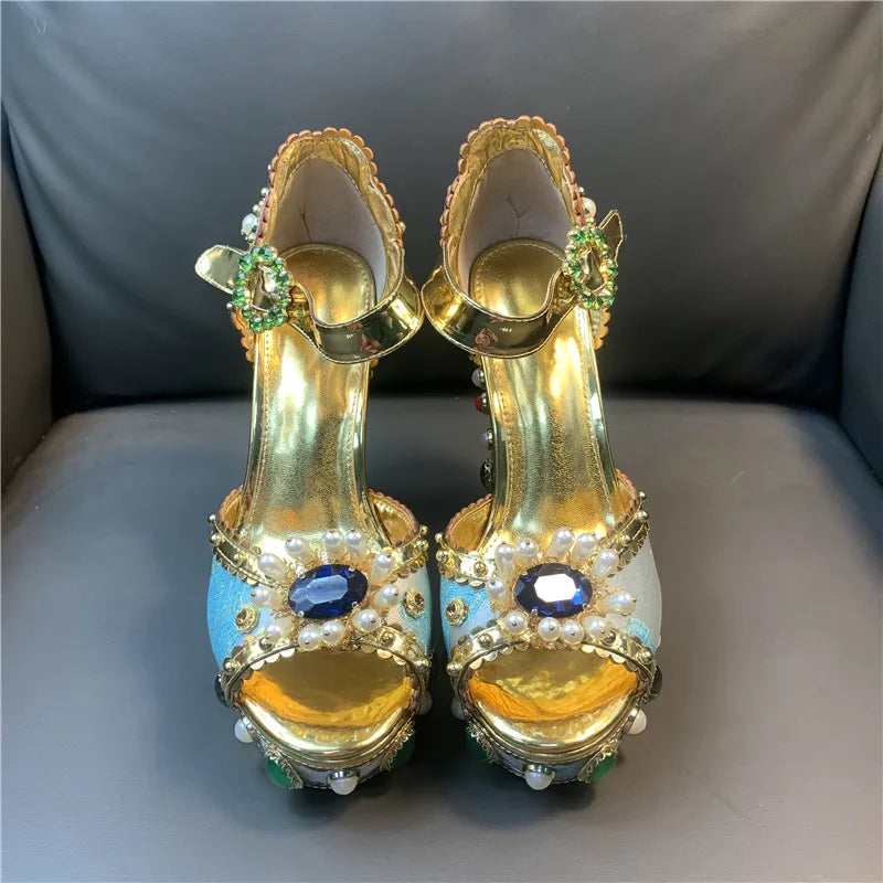 Sandalias de plataforma con tacón alto grueso para mujer, con diamantes de imitación, de cuero dorado metalizado y punta abierta