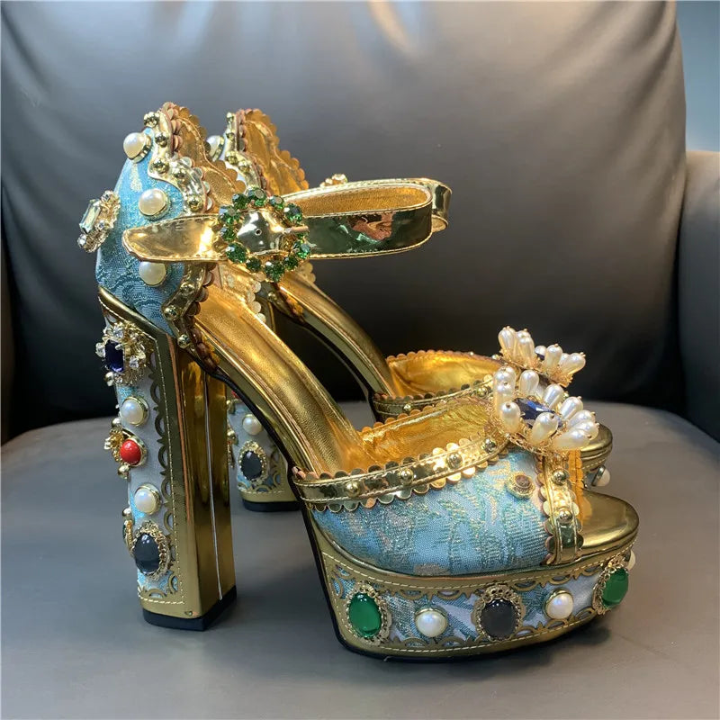 Women Chunky High Heels Platform Sandals Rhinestone Metallic Gold Leather Peep Toe