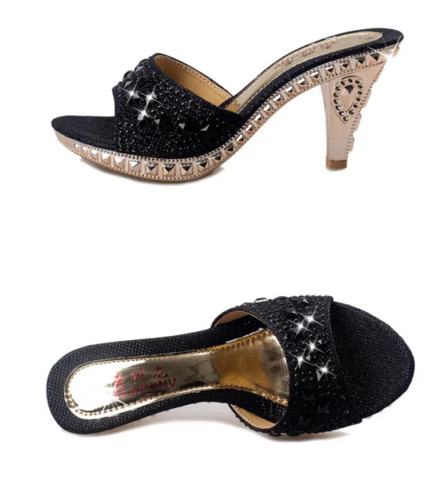 Rhinestone High Heel Summer Sandals-Gold, Silver, Black