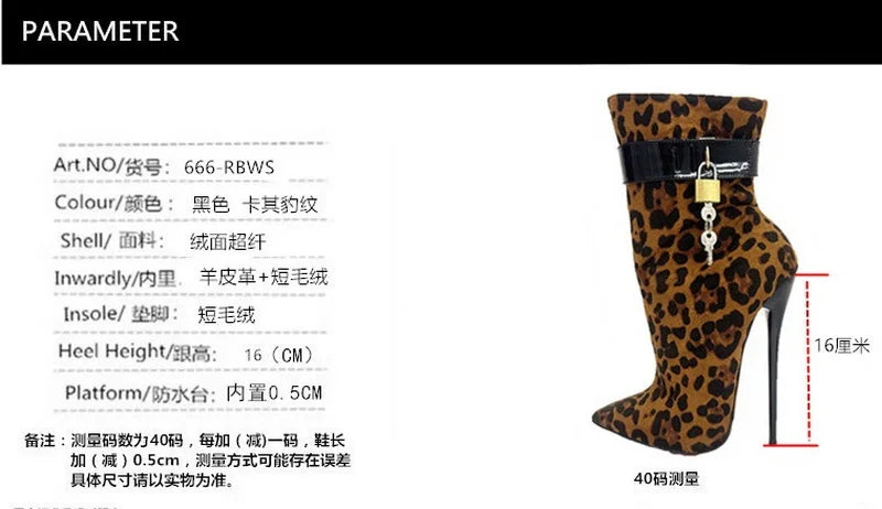 High Heels Women Ankle Boots, Lock Strap, Pointed Toe, Black/ Black Leopard, Customized Colors