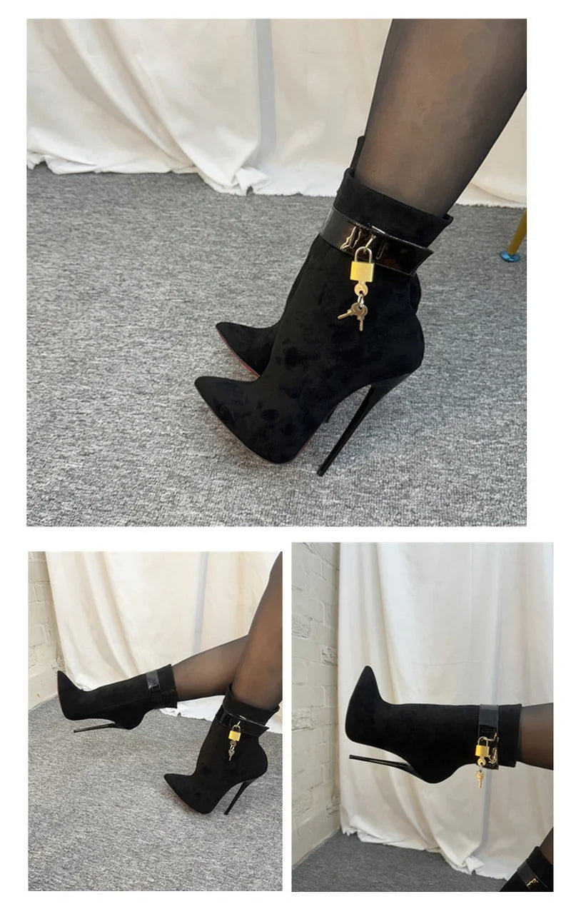 High Heels Women Ankle Boots, Lock Strap, Pointed Toe, Black/ Black Leopard, Customized Colors