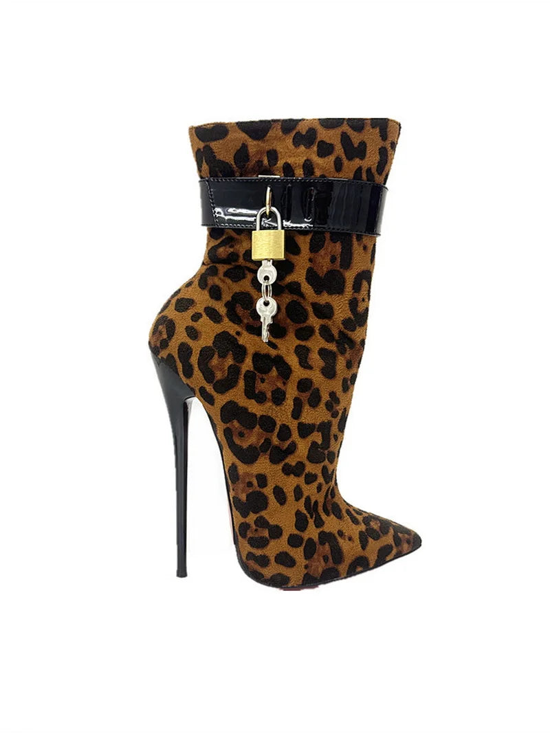 High Heels Women Ankle Boots, Lock Strap, Pointed Toe, Black/ Black Leopard, Customized Colors