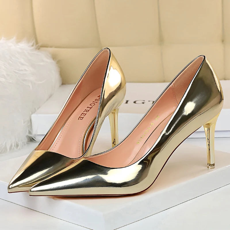 2023 Women 10.5cm High Heels Variety of Colors-Camel-Nude-Brown-Silver-Red-Champagne-Gold-/Luxury Glossy Stilettos