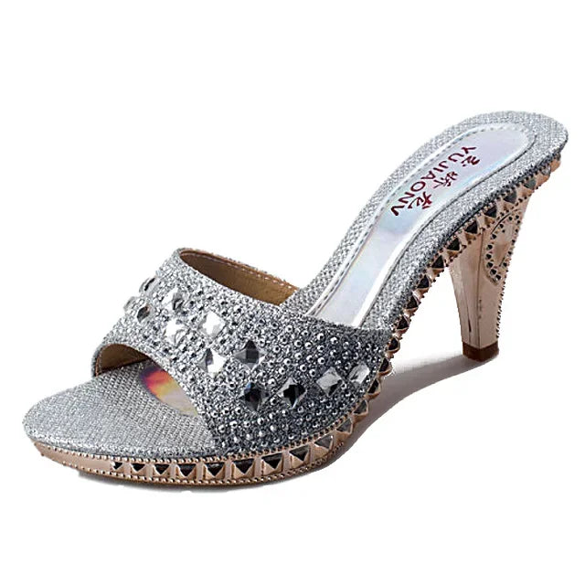 Rhinestone High Heel Summer Sandals-Gold, Silver, Black