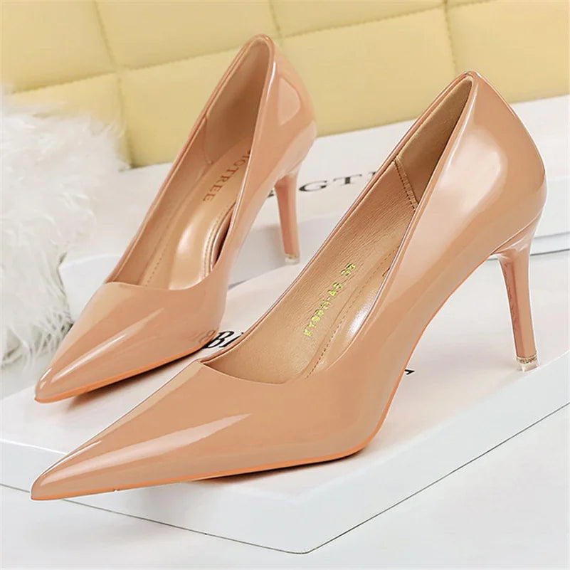 2023 Women 10.5cm High Heels Variety of Colors-Camel-Nude-Brown-Silver-Red-Champagne-Gold-/Luxury Glossy Stilettos