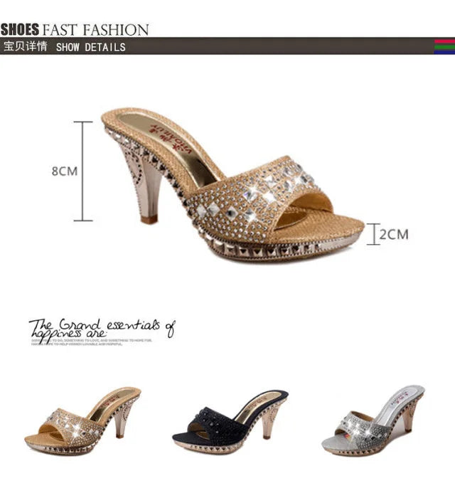 Rhinestone High Heel Summer Sandals-Gold, Silver, Black