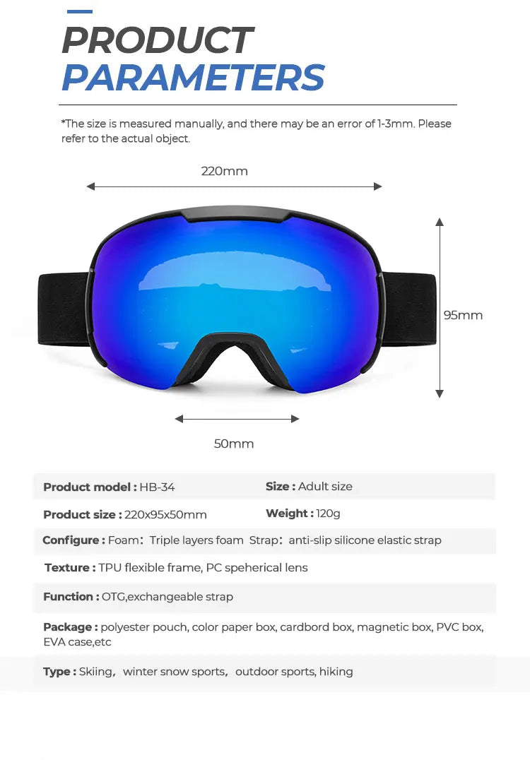 Gafas de esquí de invierno profesionales para adultos Gafas de sol para esquí y snowboard Gafas UV 400