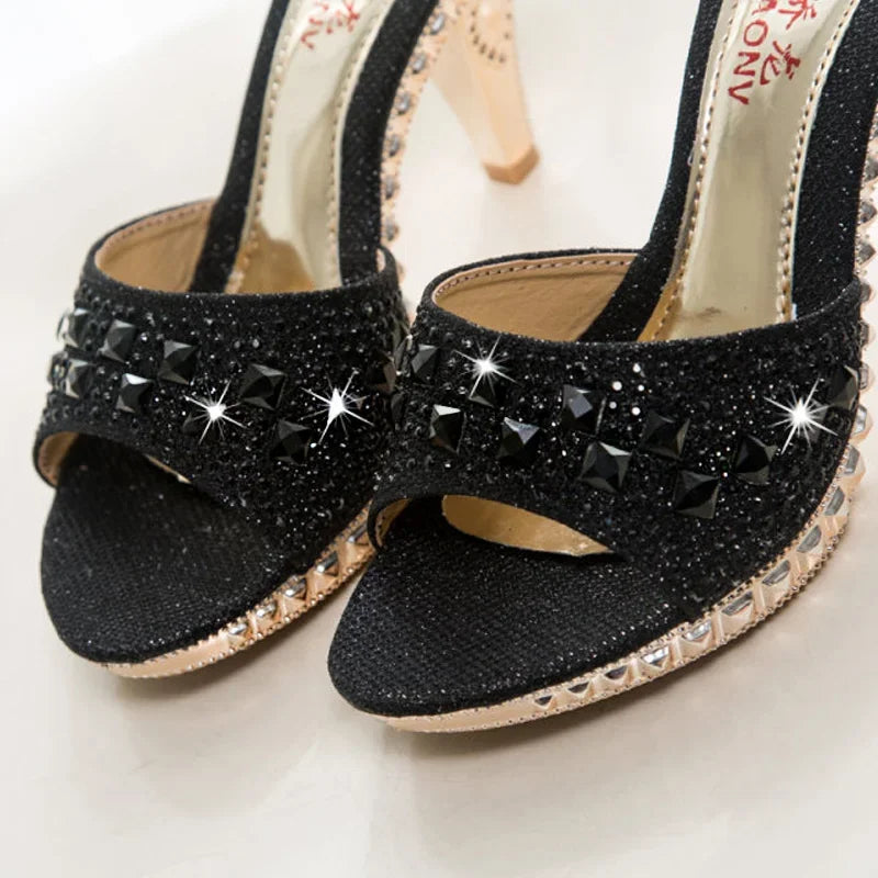 Sandalias de verano con tacón alto y diamantes de imitación: doradas, plateadas y negras