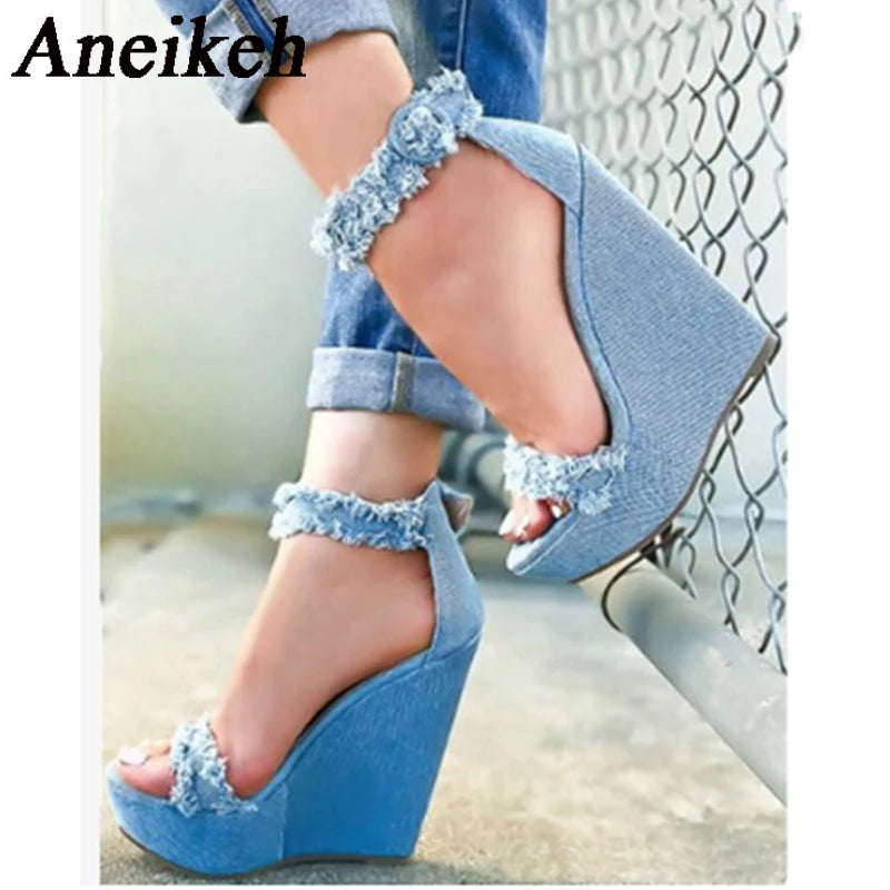 Aneikeh 2025 Blue Designer Denim Sandals Summer Woman Wedges High Heels Peep Toe Platform Roman DRESS Pumps Shoes 35-40