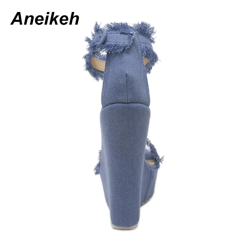 Aneikeh 2025 Blue Designer Denim Sandals Summer Woman Wedges High Heels Peep Toe Platform Roman DRESS Pumps Shoes 35-40