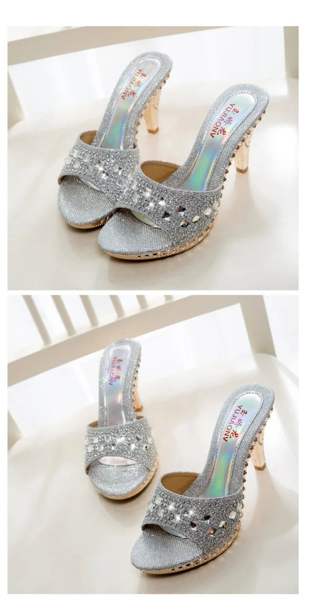 Rhinestone High Heel Summer Sandals-Gold, Silver, Black