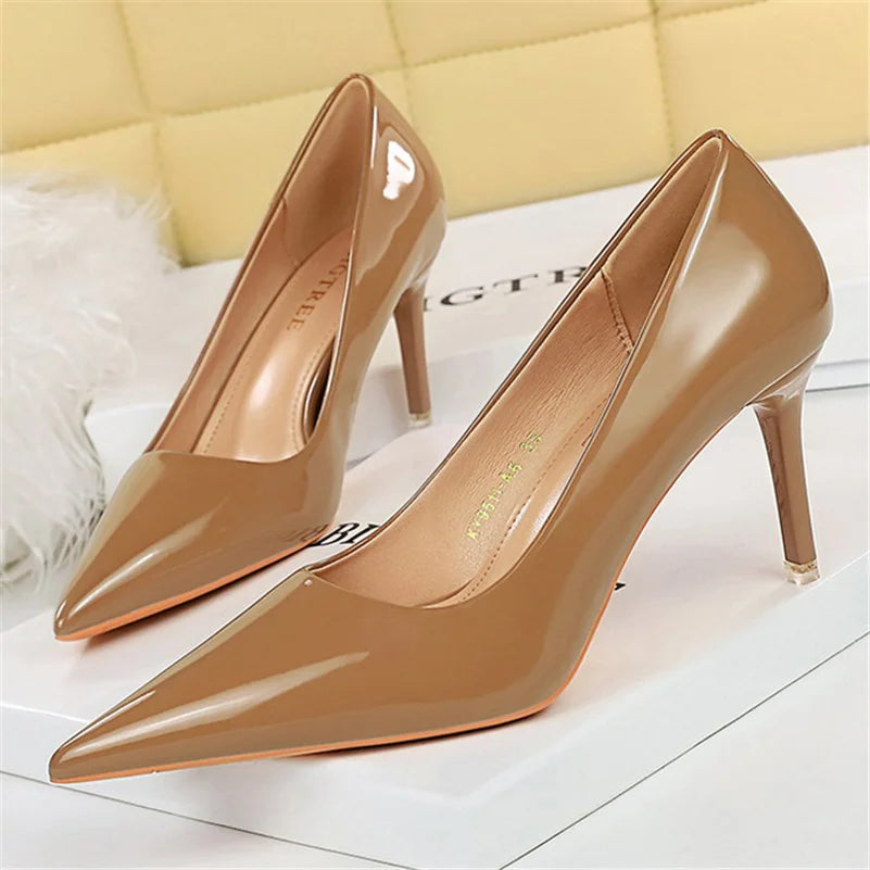 2023 Women 10.5cm High Heels Variety of Colors-Camel-Nude-Brown-Silver-Red-Champagne-Gold-/Luxury Glossy Stilettos