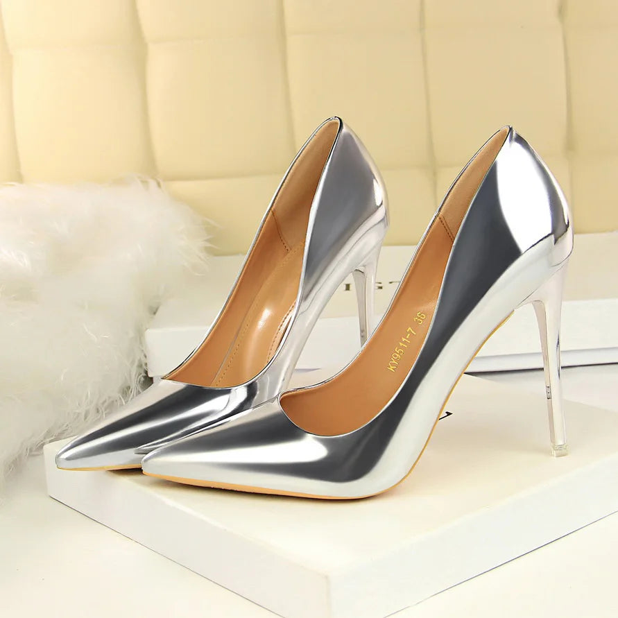 2023 Women 10.5cm High Heels Variety of Colors-Camel-Nude-Brown-Silver-Red-Champagne-Gold-/Luxury Glossy Stilettos