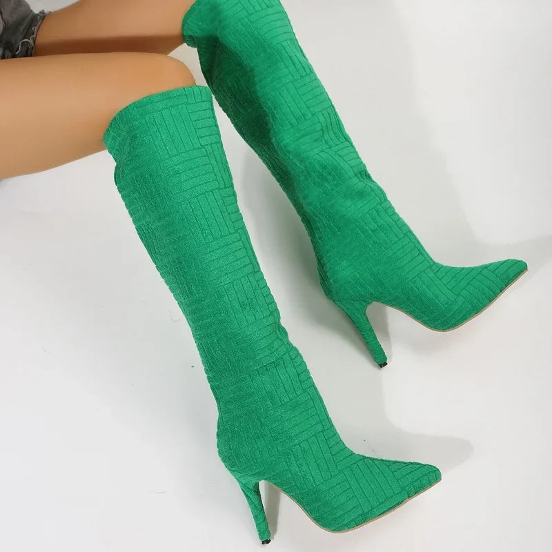 Women High Heeled Knee High Long Green Felt Boots