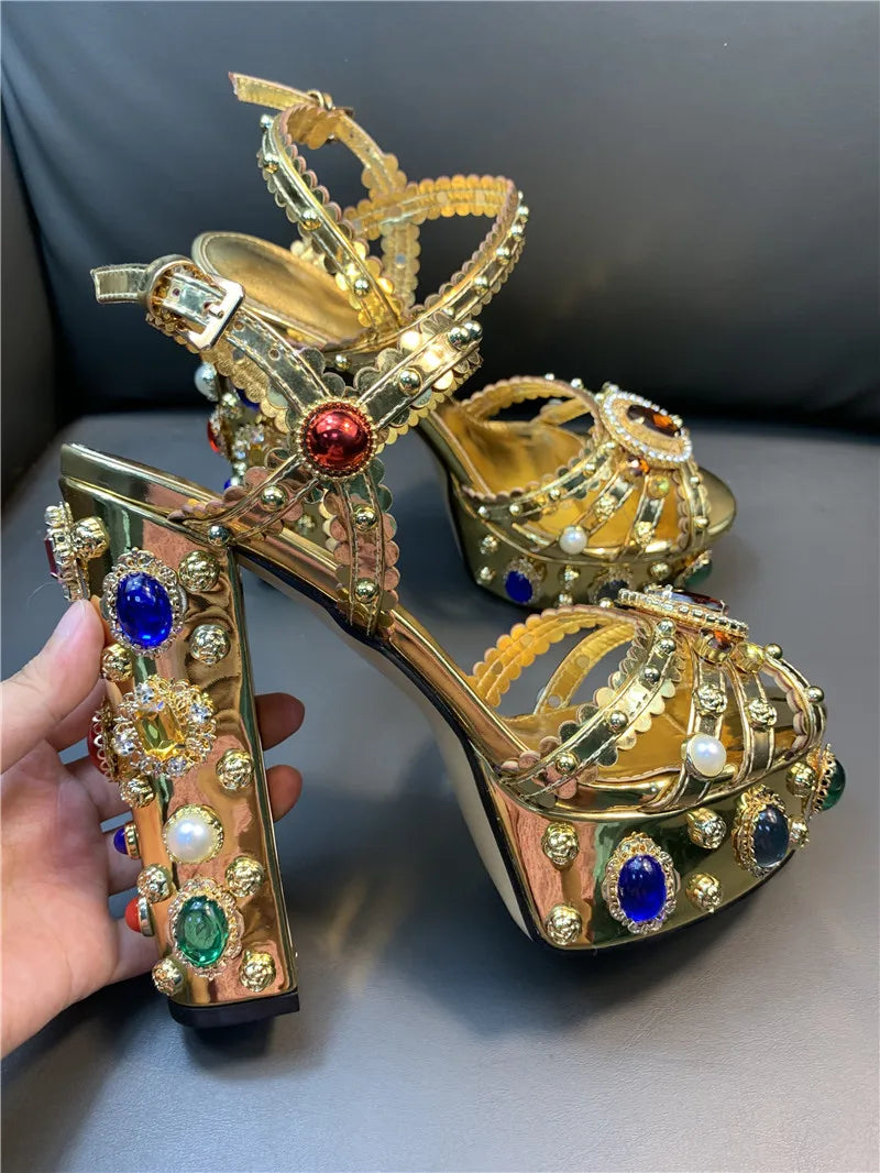 Sandalias de plataforma con tacón alto grueso para mujer, con diamantes de imitación, de cuero dorado metalizado y punta abierta