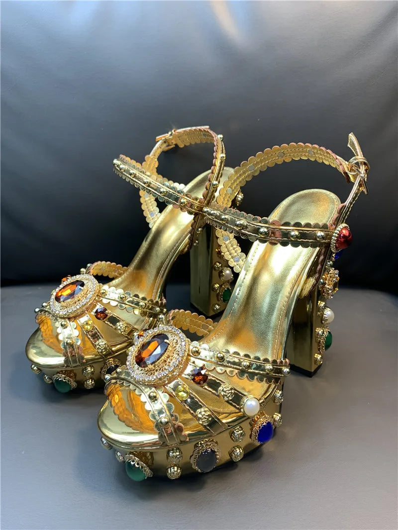 Sandalias de plataforma con tacón alto grueso para mujer, con diamantes de imitación, de cuero dorado metalizado y punta abierta