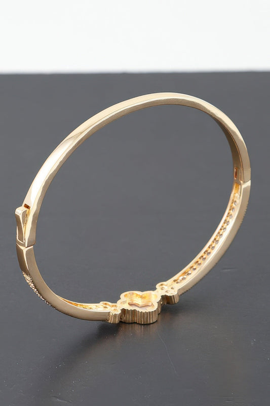 Gold Plated Pearl And Cz Pave Clover Bangle Bracelet