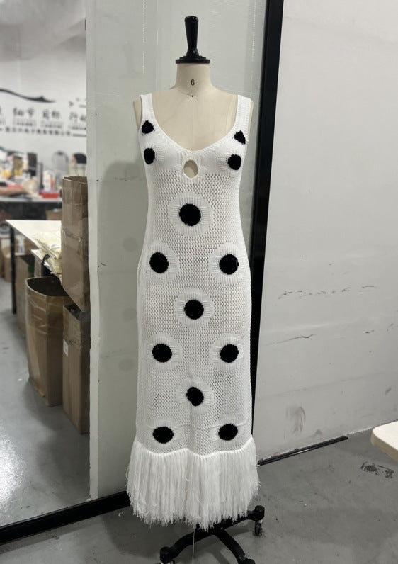 New black polka dot tassel hem knit dress