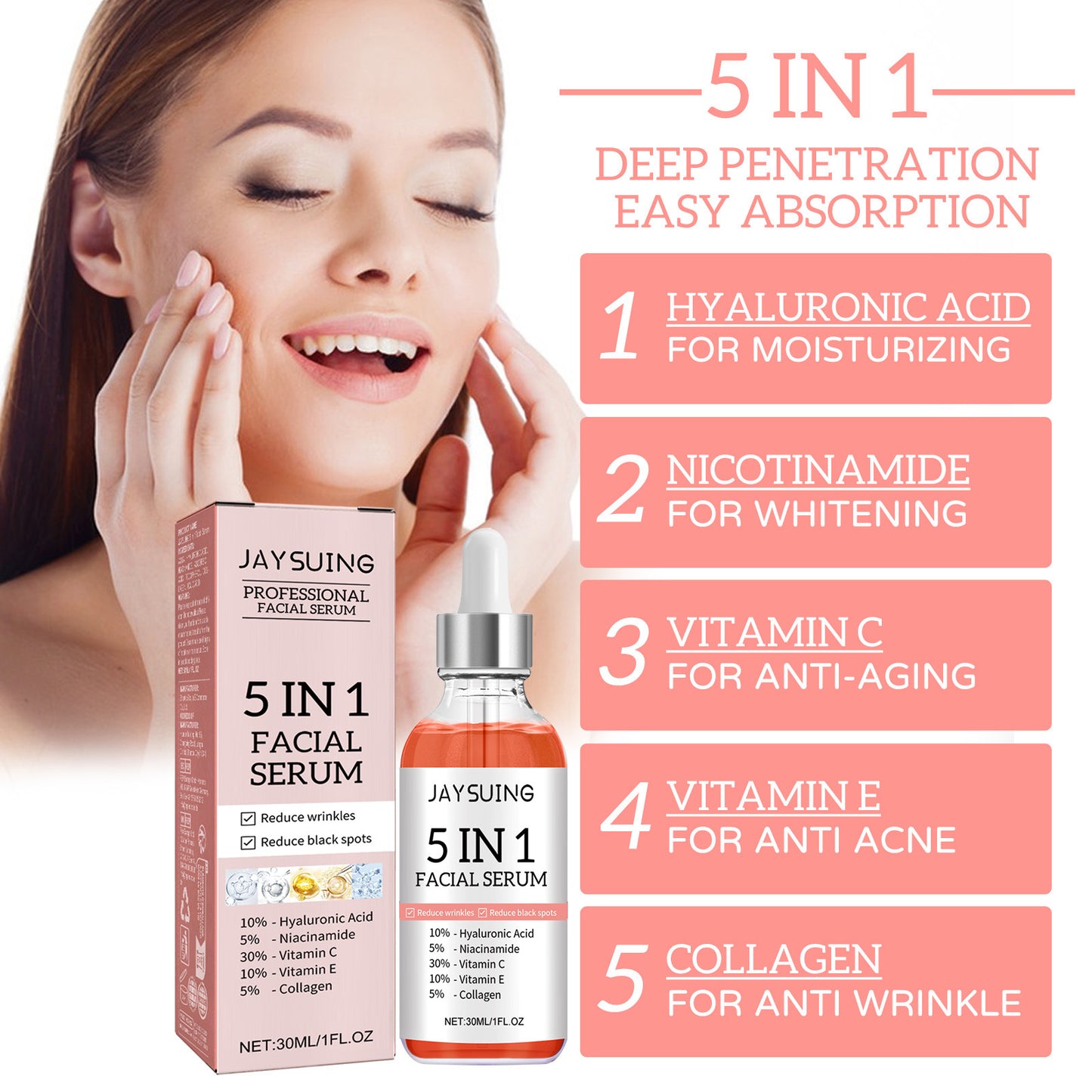 Suero facial 5 en 1, suero facial con 30% de vitamina C, antienvejecimiento, reduce las arrugas, suero facial hidratante de colágeno con niacinamida, ácido hialurónico y vitamina E