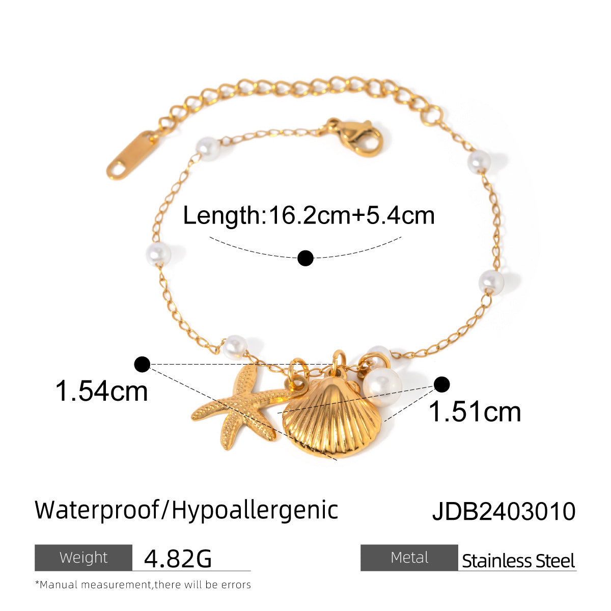 Pulsera con colgante de estrella de mar y concha de verano con cadena de perlas y acero inoxidable de oro de 18 quilates