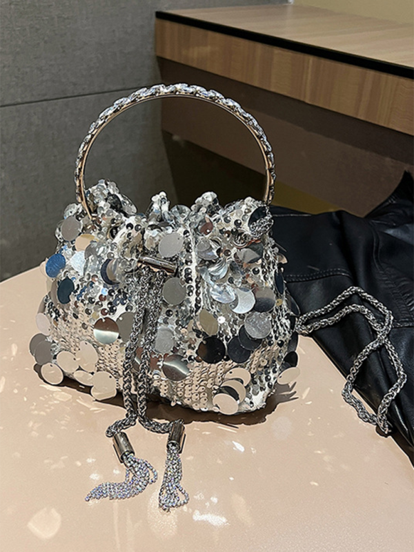 Metal tassel sequin evening bag hand-held crossbody bucket lipstick bag