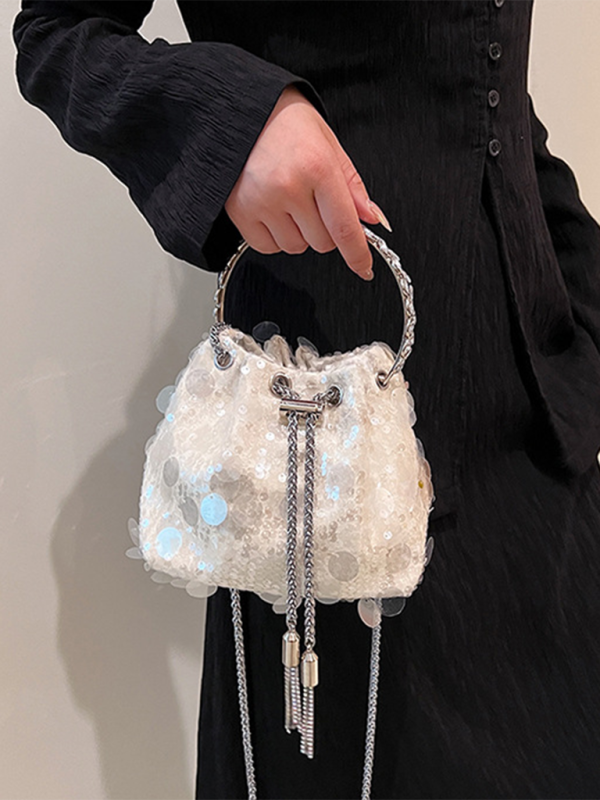 Metal tassel sequin evening bag hand-held crossbody bucket lipstick bag