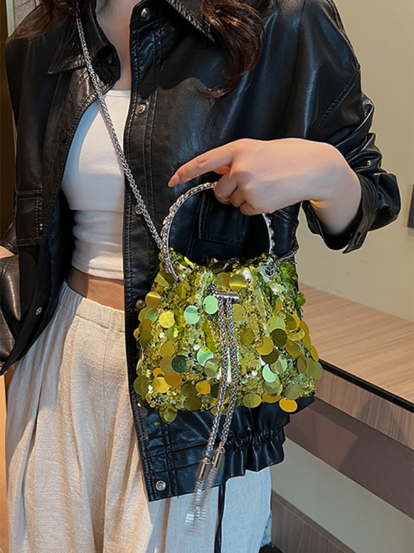 Metal tassel sequin evening bag hand-held crossbody bucket lipstick bag