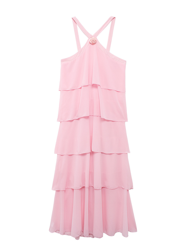 Vestido elegante de color rosa dulce con escote halter, espalda descubierta y capas entalladas 