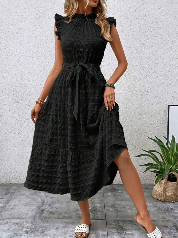 Ruffled Flying Sleeve Lace-up Textured Dress