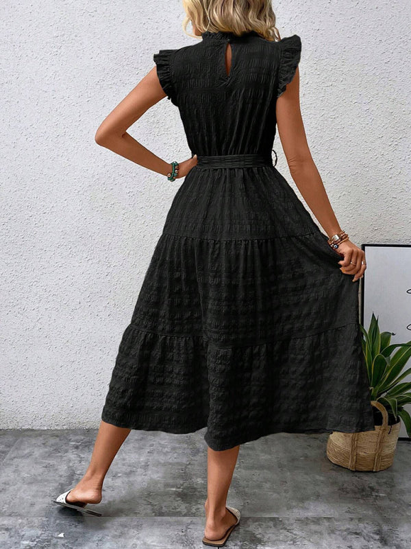 Ruffled Flying Sleeve Lace-up Textured Dress