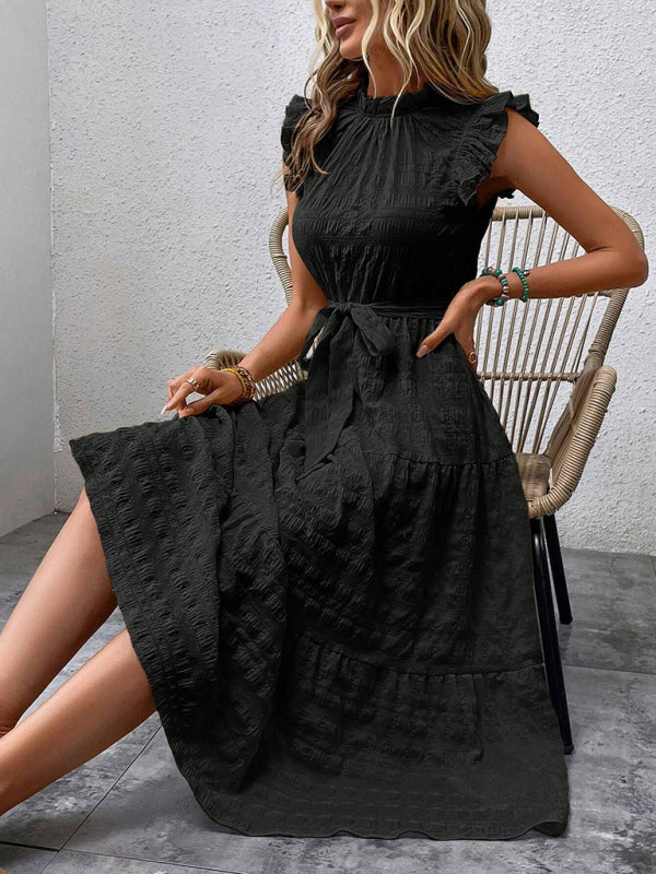 Ruffled Flying Sleeve Lace-up Textured Dress