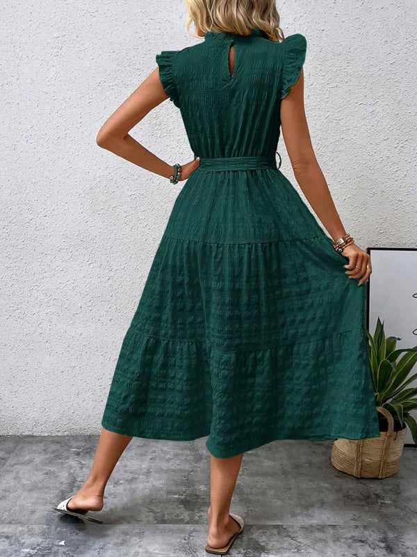 Ruffled Flying Sleeve Lace-up Textured Dress