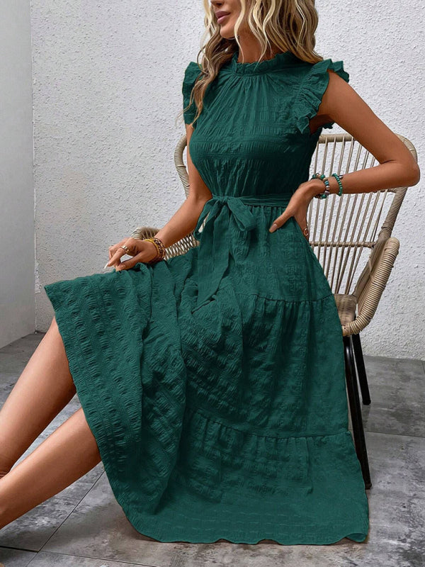 Ruffled Flying Sleeve Lace-up Textured Dress