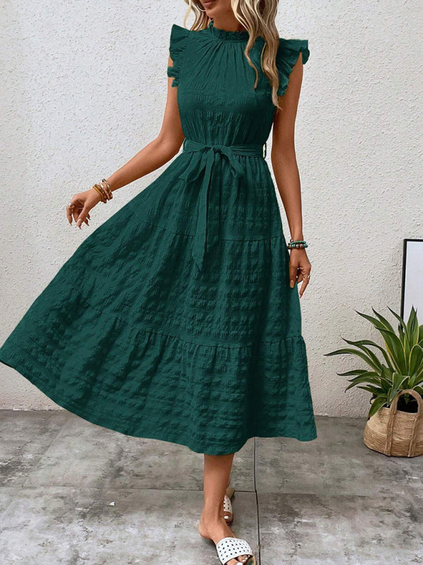 Ruffled Flying Sleeve Lace-up Textured Dress