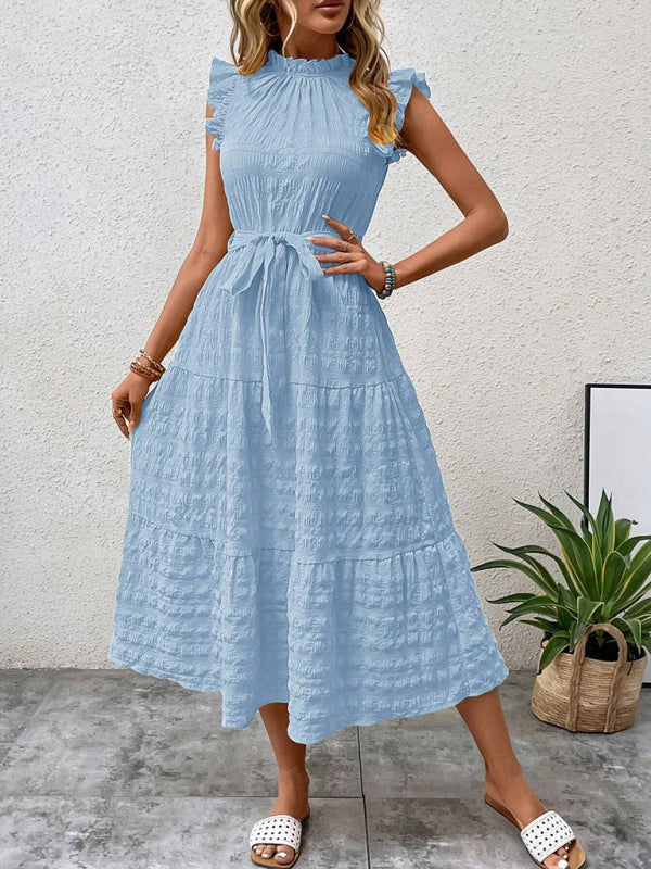 Ruffled Flying Sleeve Lace-up Textured Dress