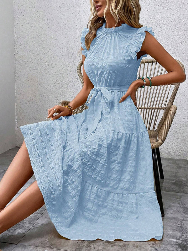 Ruffled Flying Sleeve Lace-up Textured Dress